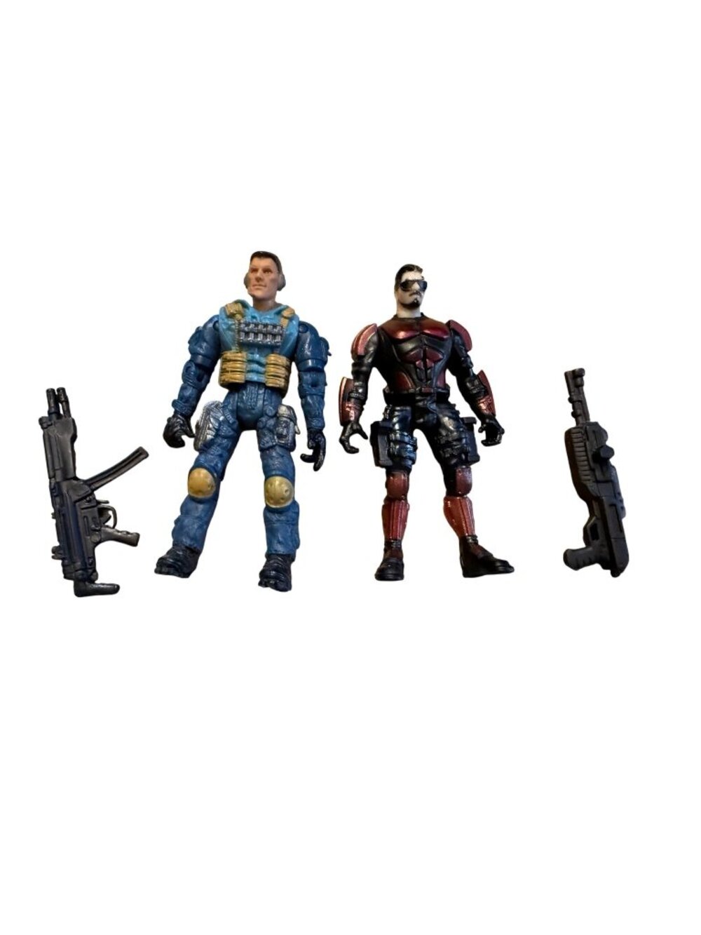 Lot of 2 Military Tactical Action Figures Blue Red Black Soldiers With Weapons